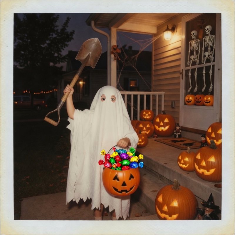 Ghost kid with a shovel and a pumpkin bucket