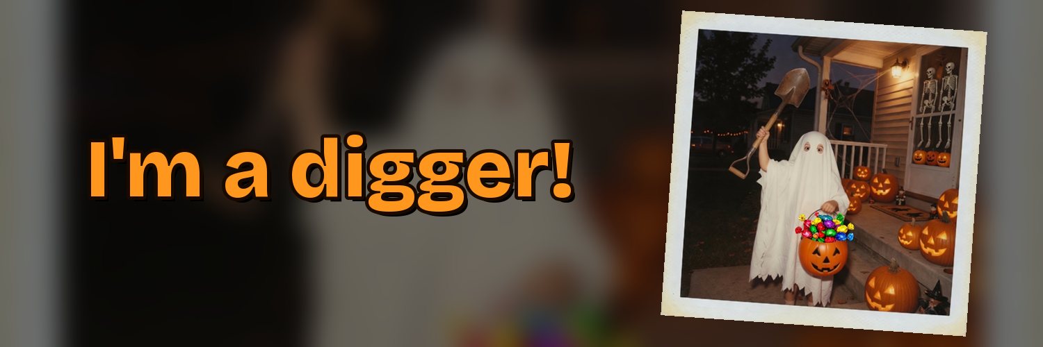 I'm a digger! A little ghost with a shovel on Halloween night