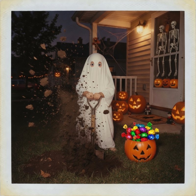Ghost kid digging, dirt flying